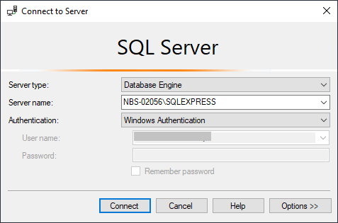 Okno dialogowe połączenia z serwerem SQL Server z programu SSMS