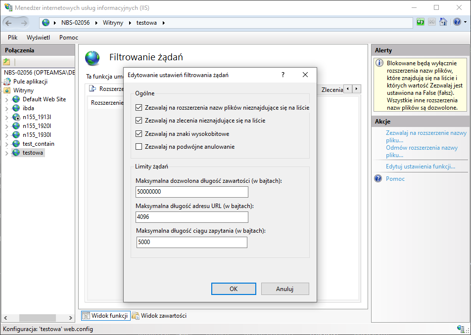Ustawianie maks. wielkości załącznika w Menedżerze IIS