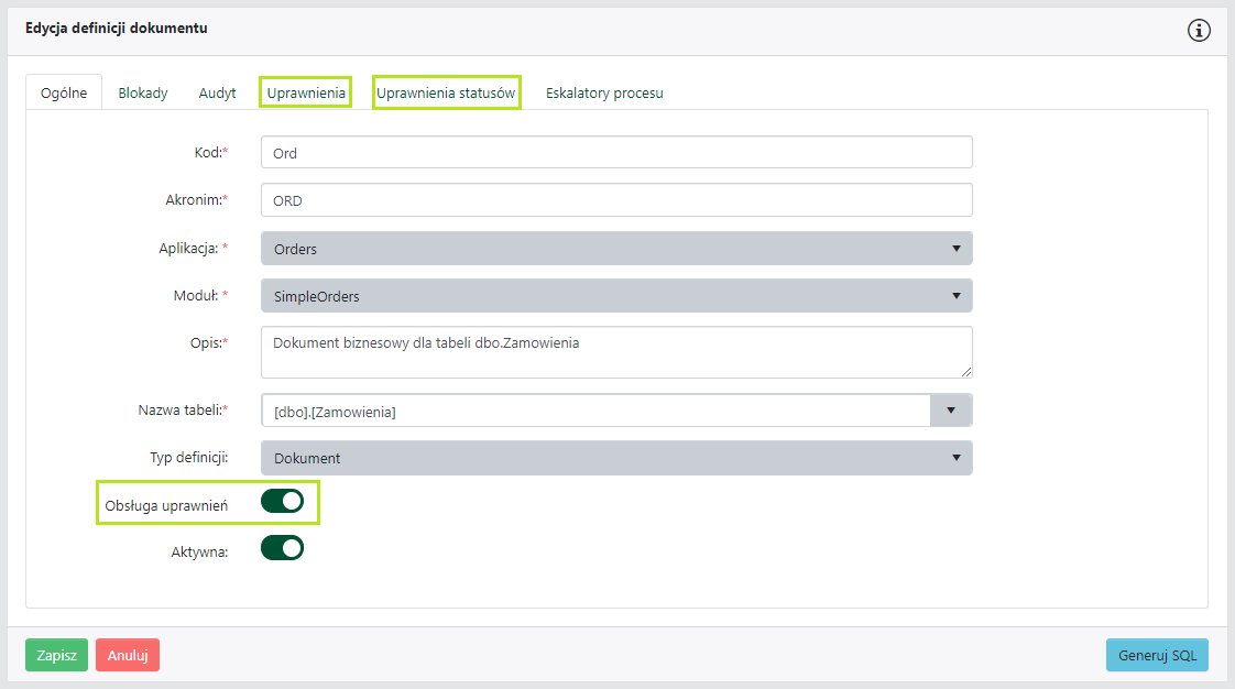 Definicja dokumentu biznesowego z włączoną obsługą uprawnień