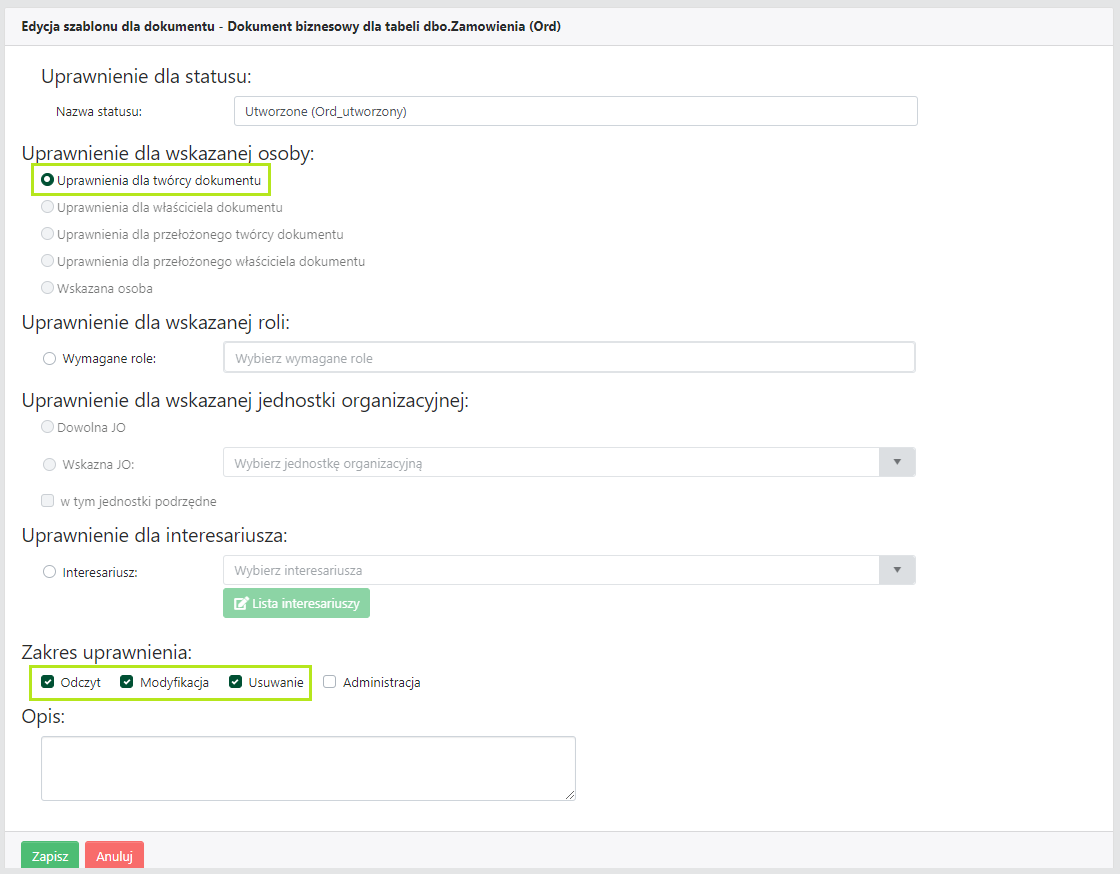 Szablon uprawnień dla twórcy dokumentu w statusie <code>Utworzone</code>
