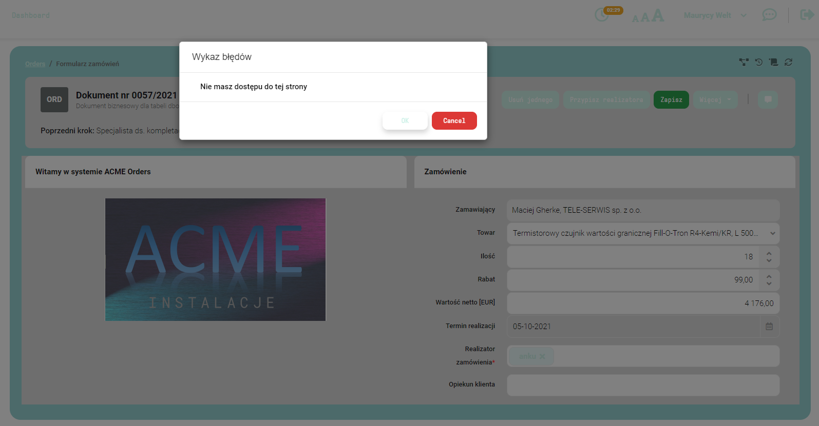 Próba zmiany wartości (pole Rabat) przez nieuprawnionego użytkownika