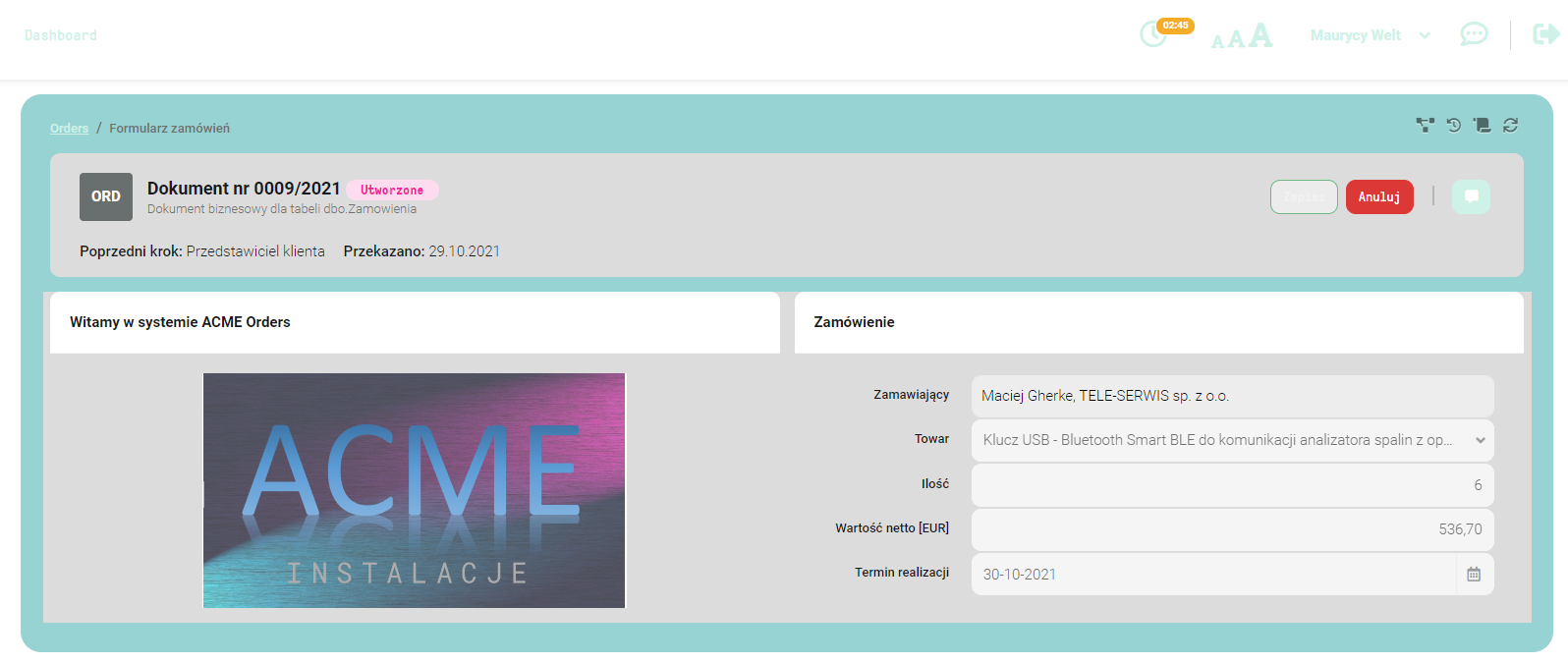 Formularz w trybie tylko do odczytu