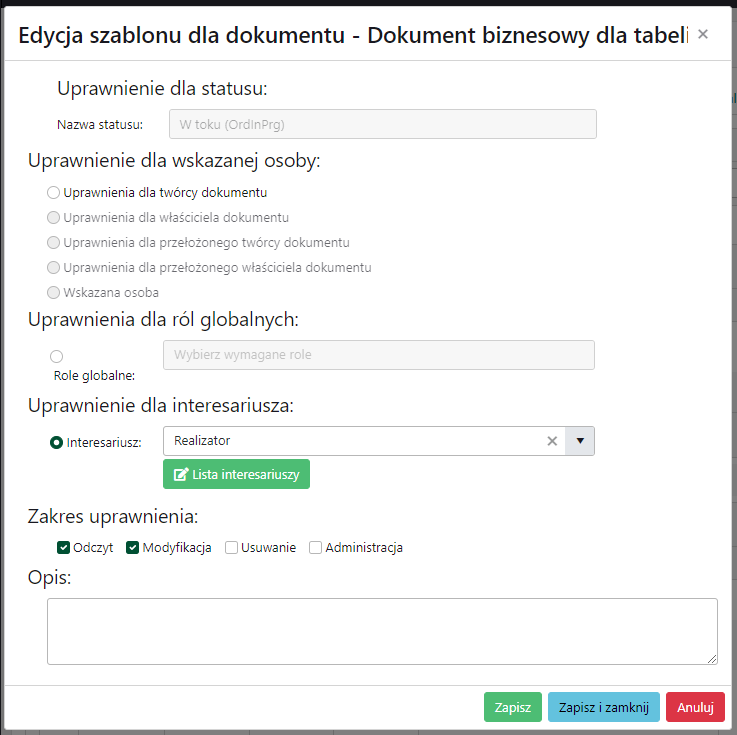 Definicja szablonu uprawnień dla interesariusza