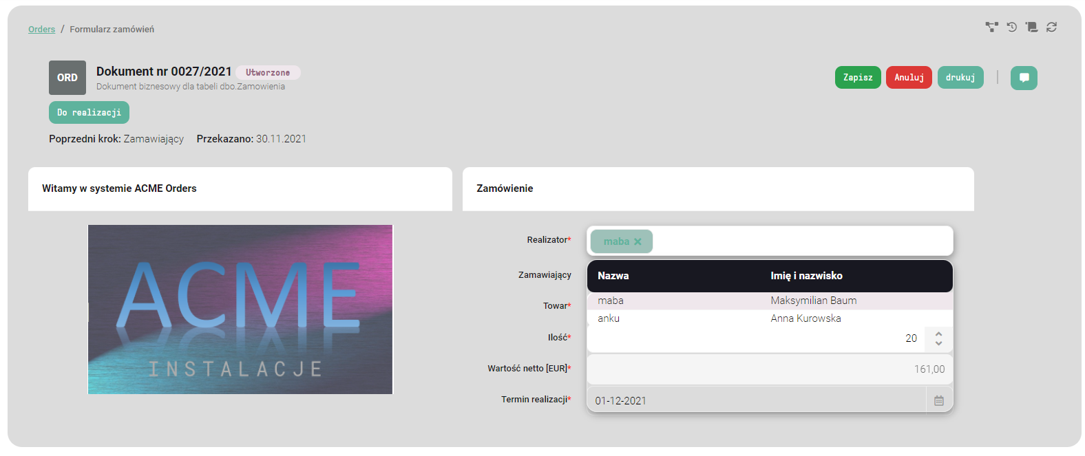 Wybór interesariusza <code>Realizator</code>