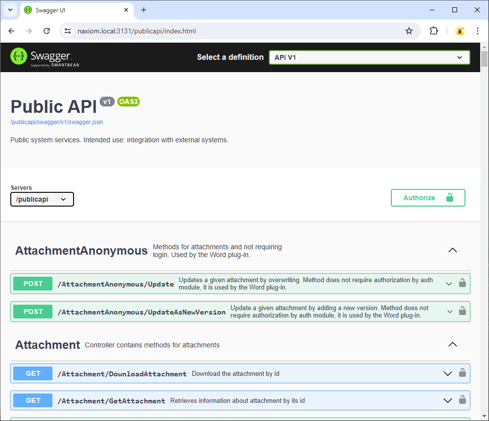Dokumentacja PublicApi wygenerowana przez narzędzie Swagger