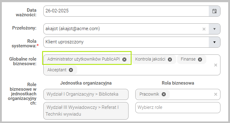 Rola administratora użytkowników PublicAPI