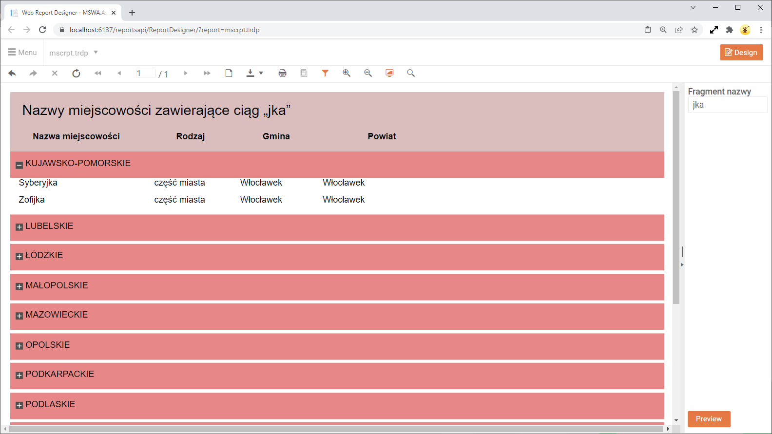 Rozwijane grupy na podglądzie raportu