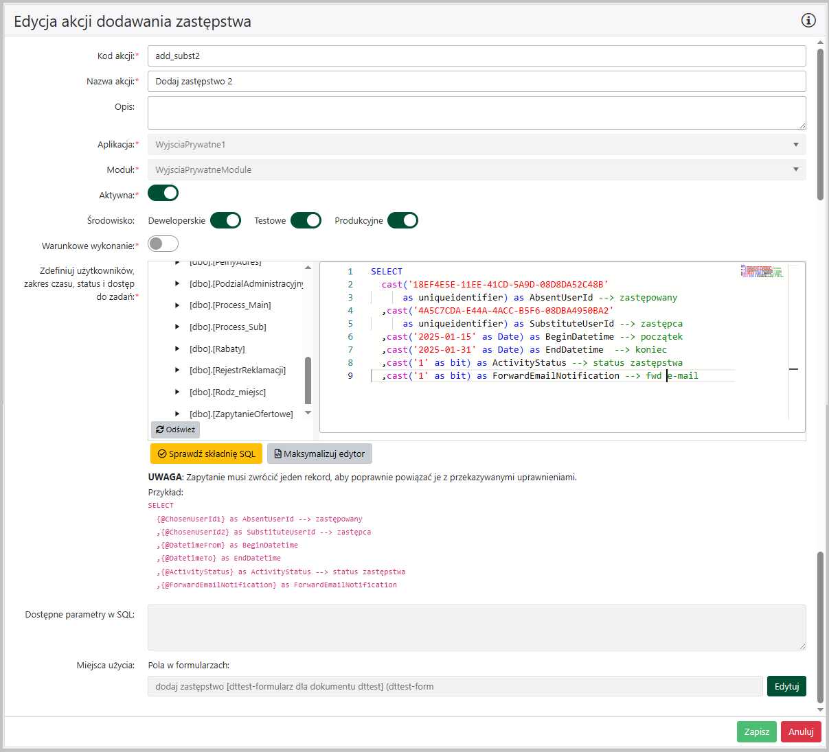 Akcja dodawania zastępstwa