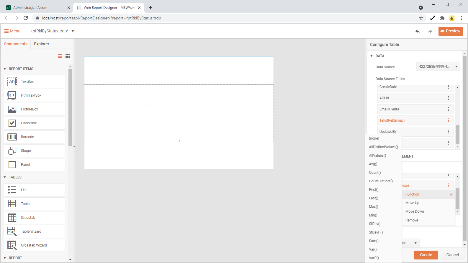 Usuwanie funkcji agregujących z kolumn wybranych do raportu