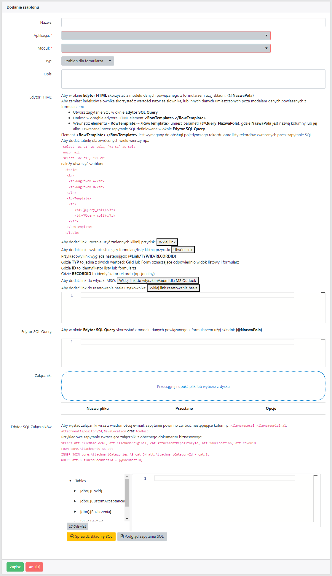 Dodanie/Edycja szablonu