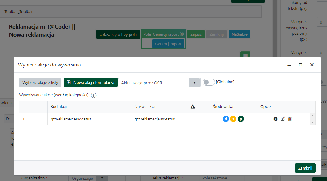 Projekt formularza, akcja raportu Telerik przypisana do przycisku