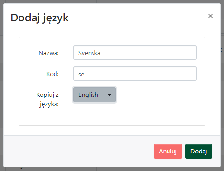 Okno Dodaj język