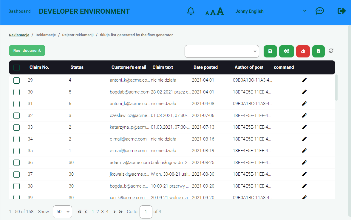 Widok listy w angielskiej wersji językowej