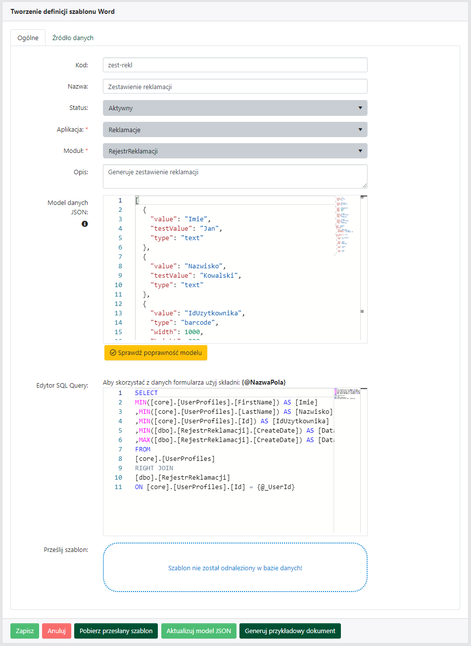 Definicja szablonu word, karta Ogólne