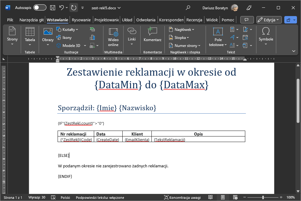 Blok warunkowy if/else/endif w pliku szablonu