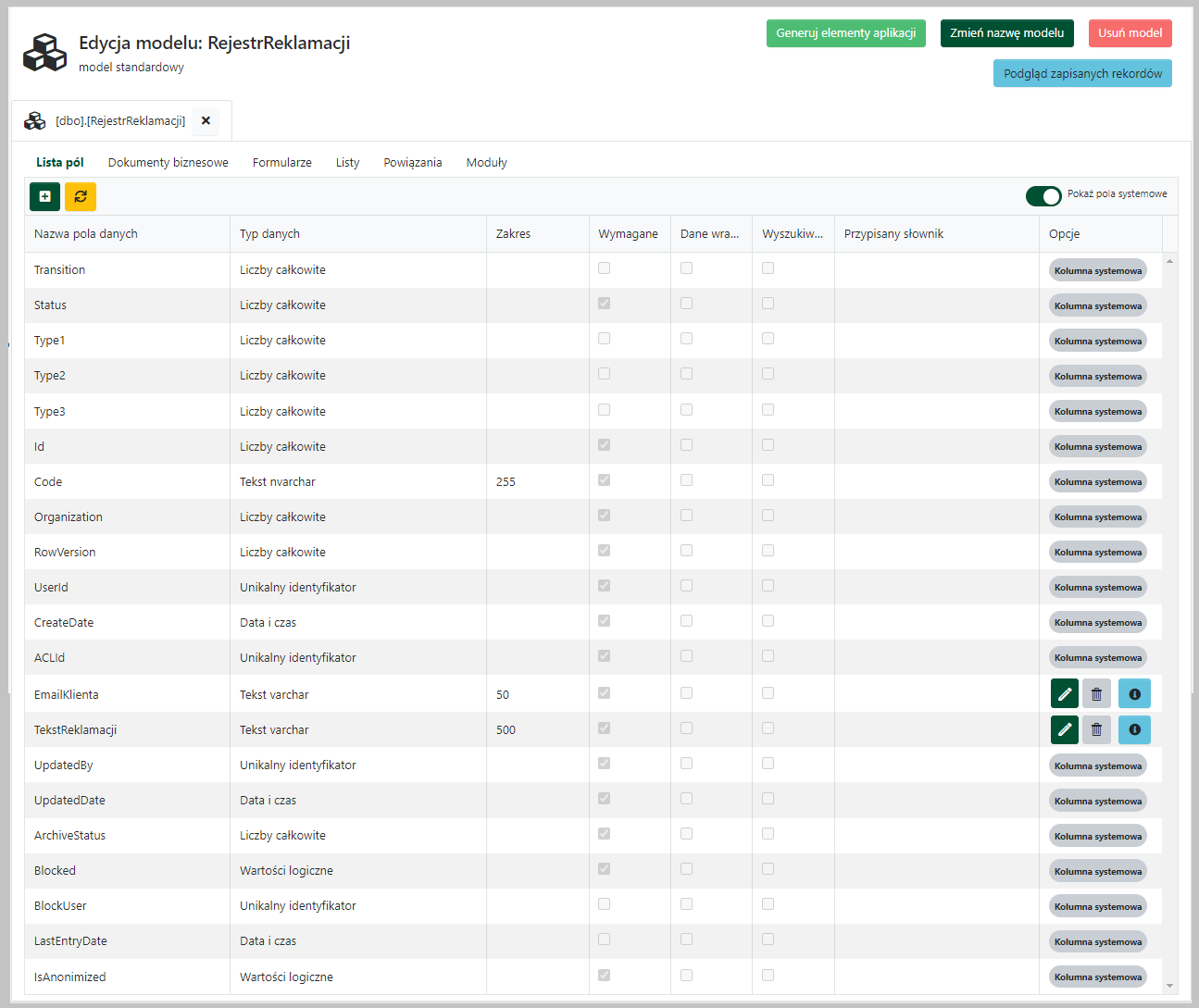Pola systemowe, na panelu z lewej strony rozwinięta lista pól i zależności tabeli