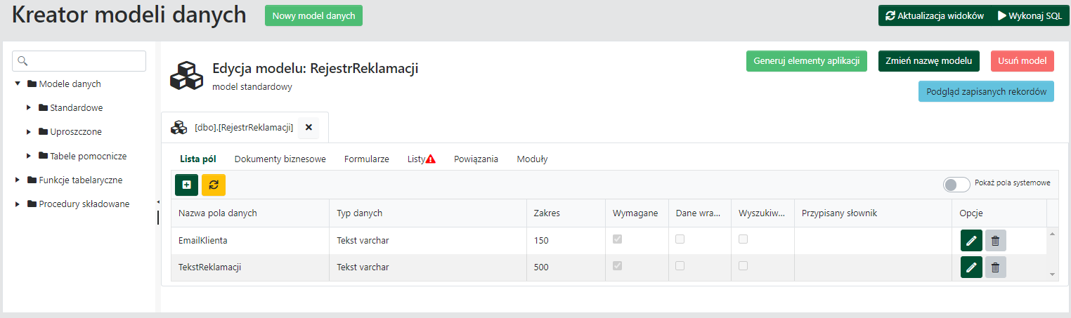 Sygnalizacja konieczności odświeżenia definicji listy w związku ze zmianami tabeli