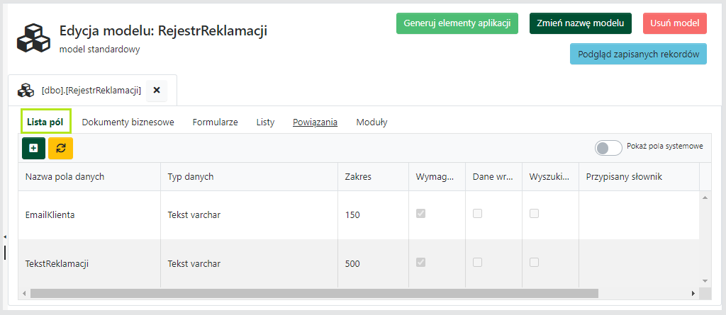 Edycja modelu — Lista pól