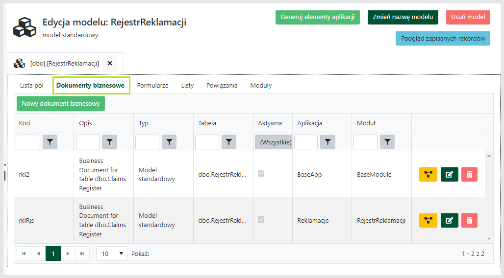 Edycja modelu — Dokumenty biznesowe