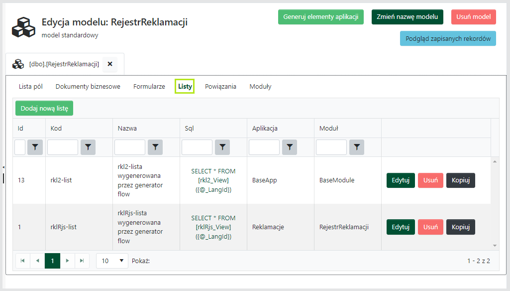 Edycja modelu — Listy