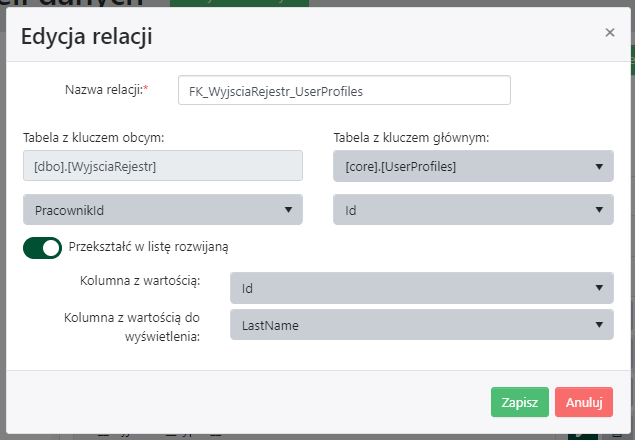 Pole <i>PracownikId</i> można będzie wypełniać, wybierając nazwisko pracownika z listy rozwijanej