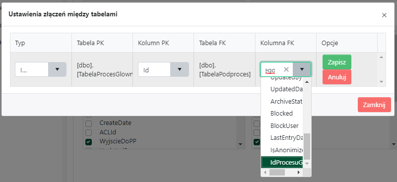 Ustawienia złączeń między tabelami