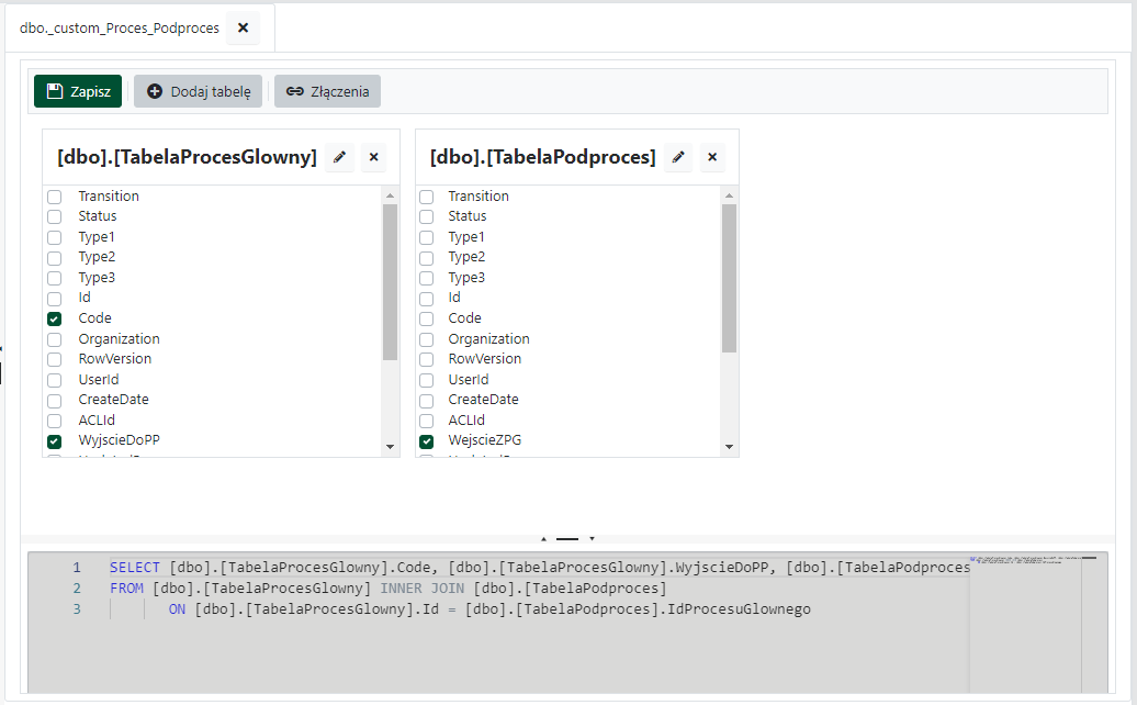 Wybór pól do funkcji tabelarycznej
