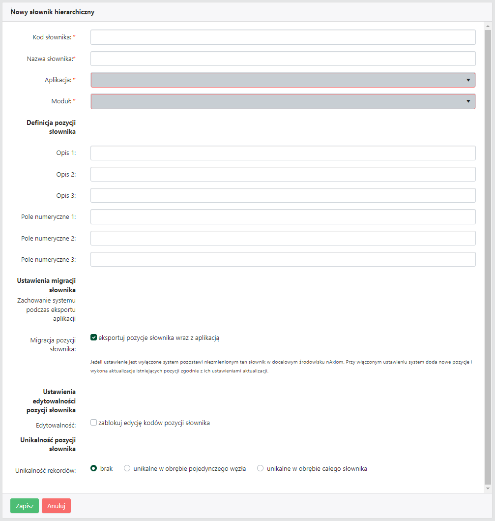 Okno dialogowe <code>Nowy słownik hierarchiczny</code>
