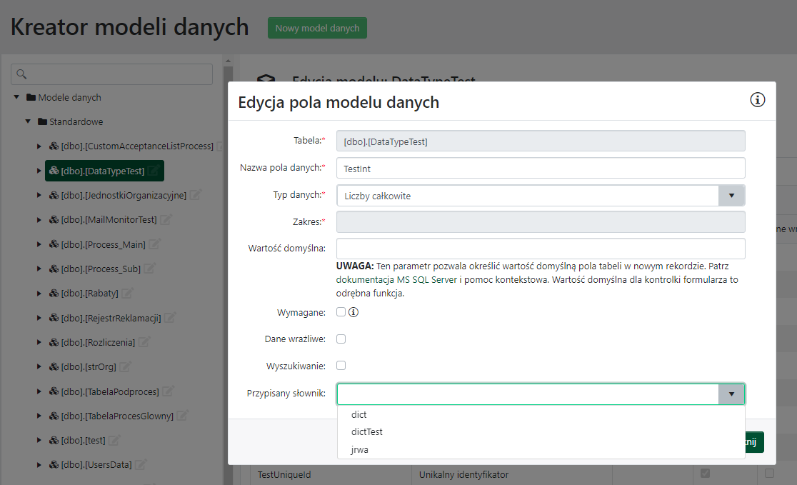 Definicja kolumny tabeli — przypisanie słownika