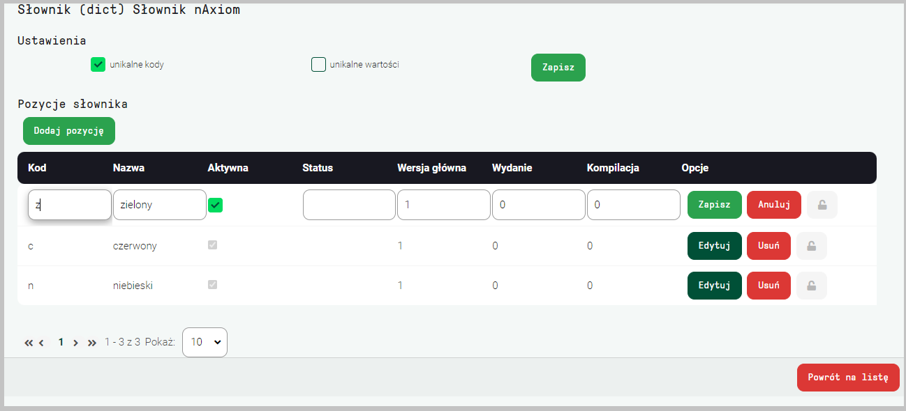 FrontSPA: edycja pozycji słownika (w menu po lewej zaznaczono pozycję Słowniki)