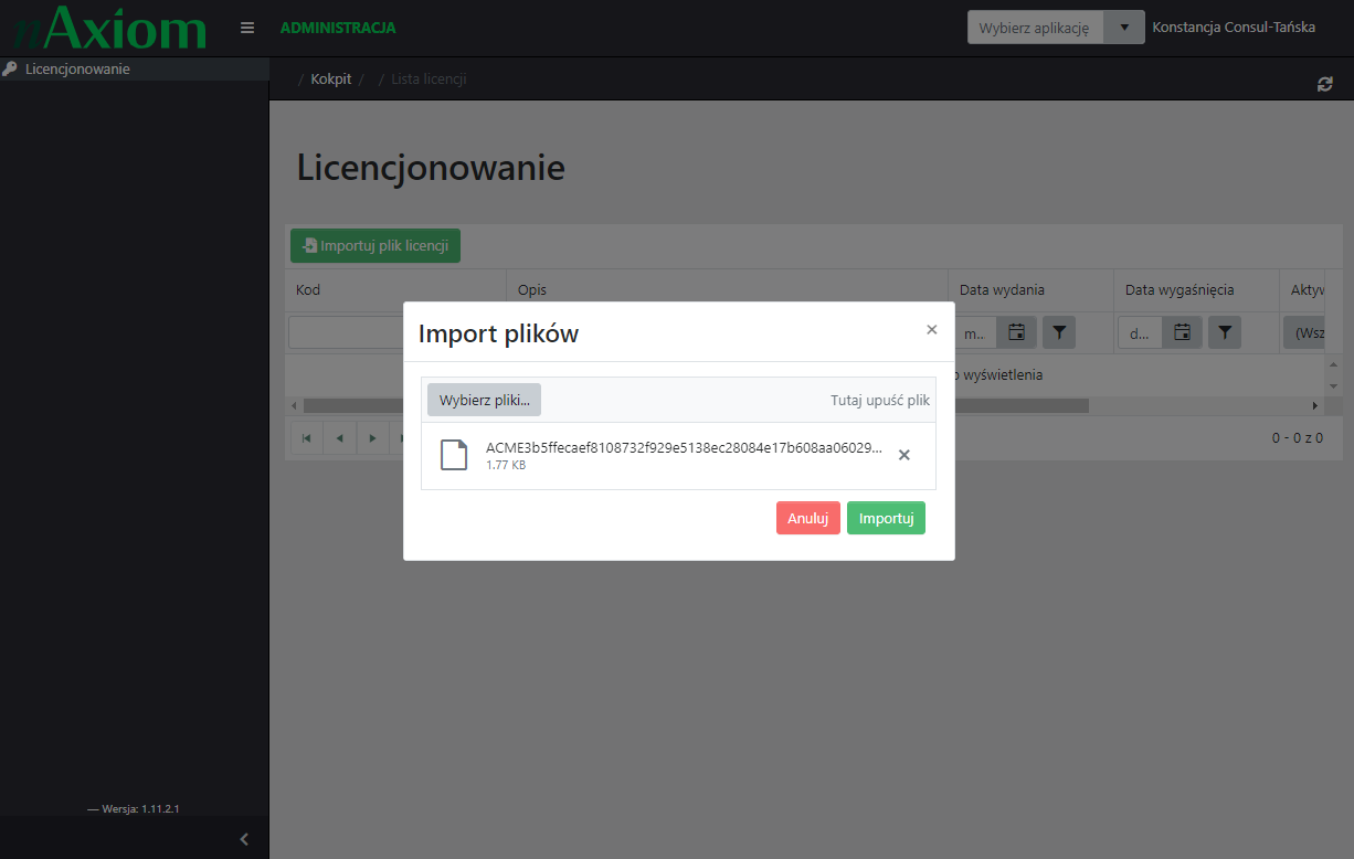 Import pliku licencji