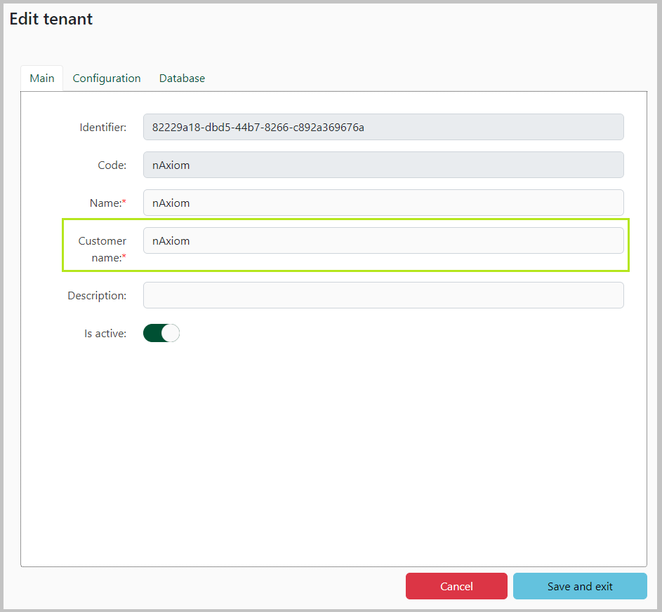 Edycja tenanta, nazwa klienta (klucz licencyjny)