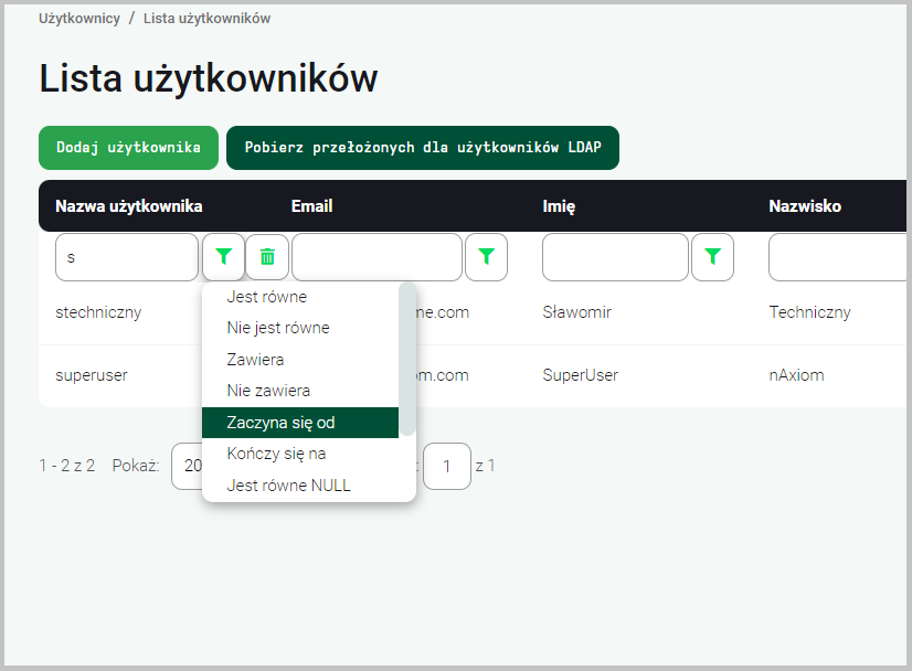 Filtrowanie wartości na liście użytkowników