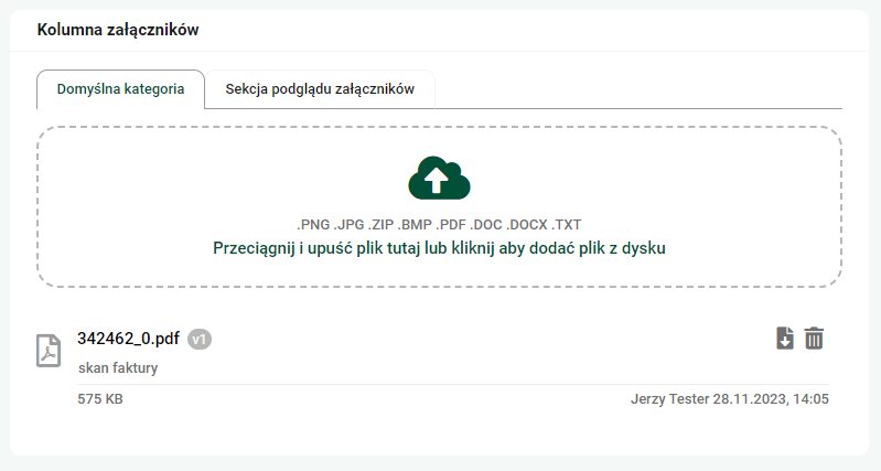 Sekcja typu <code>Załączniki</code> na podglądzie formularza