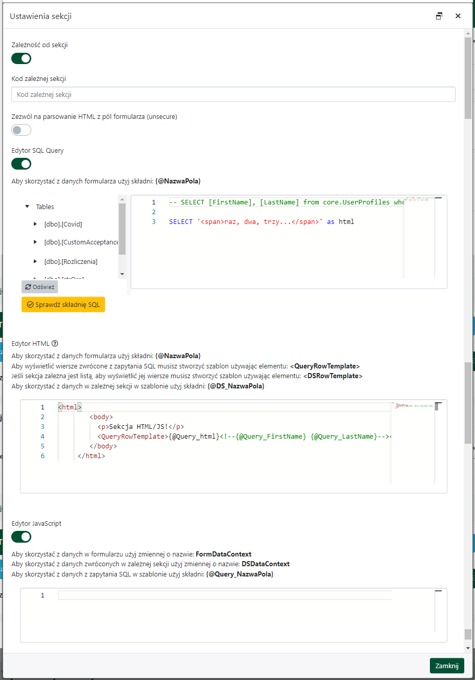 Ustawienia sekcji typu <code>Sekcja HTML</code>