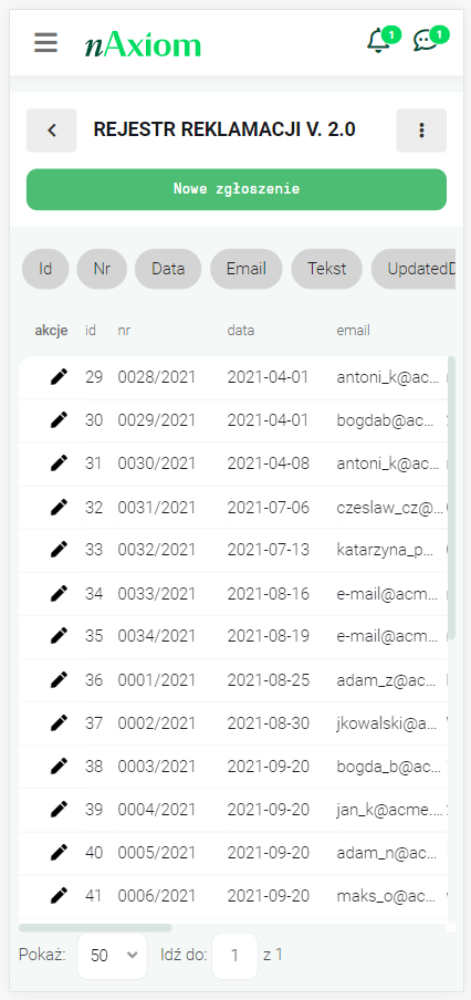 Widok listy na urządzeniu mobilnym