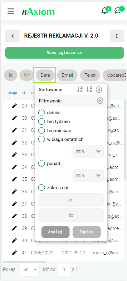 Panel sortowania/filtrowania