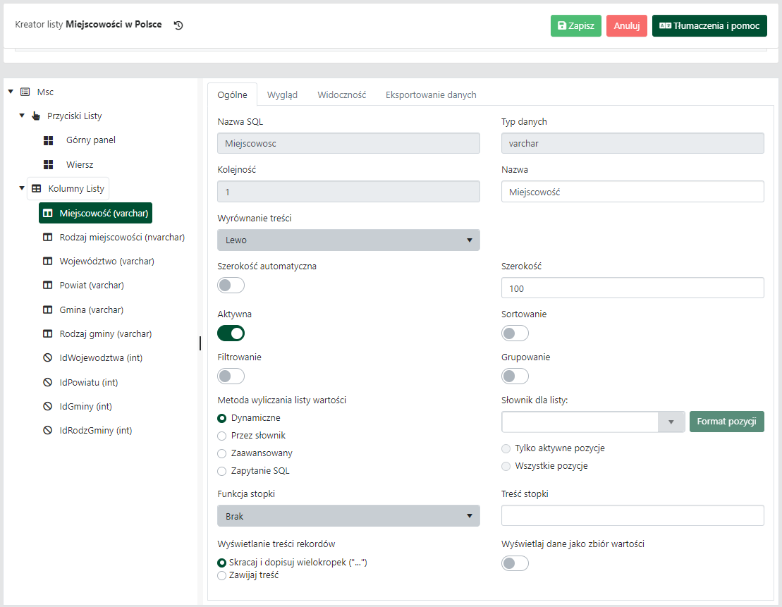 Właściwości kolumny, karta <code>Ogólne</code>