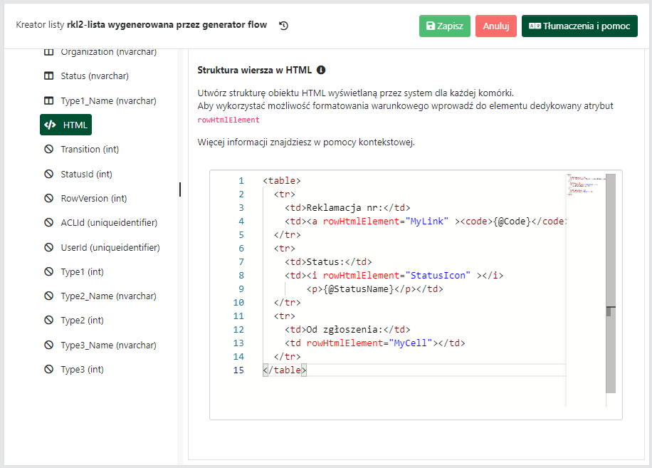 Kolumna HTML, karta <code>Ogólne</code>.