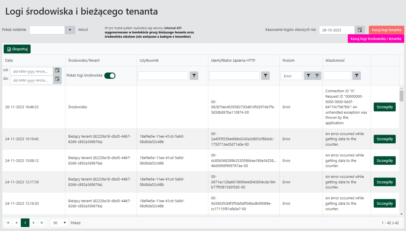 Logi środowiska i bieżącego tenanta