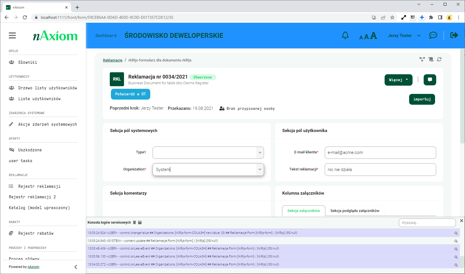 Konsola logów serwisowych