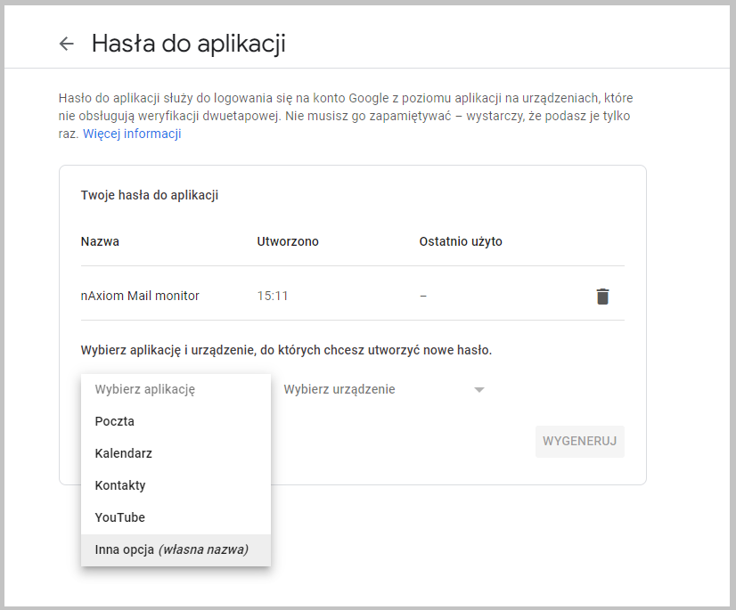 Tworzenie hasła dla aplikacji na koncie Google