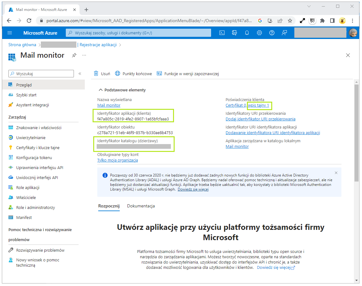 Dane rejestracyjne aplikacji w portalu Azure
