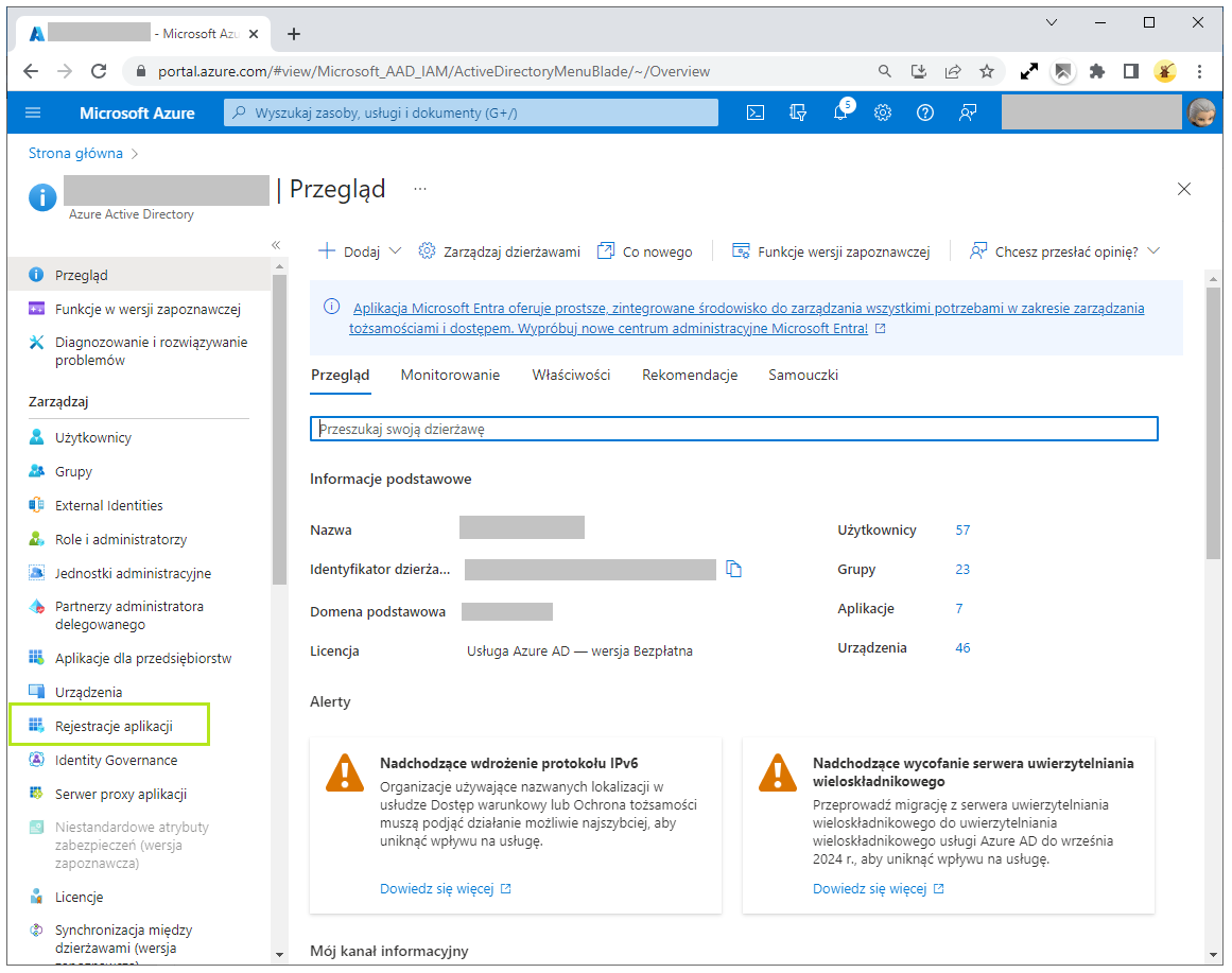 Portal Azure, Rejestracje aplikacji