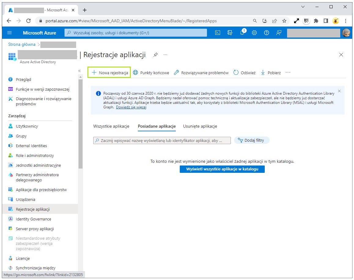 Portal Azure, Nowa rejestracja