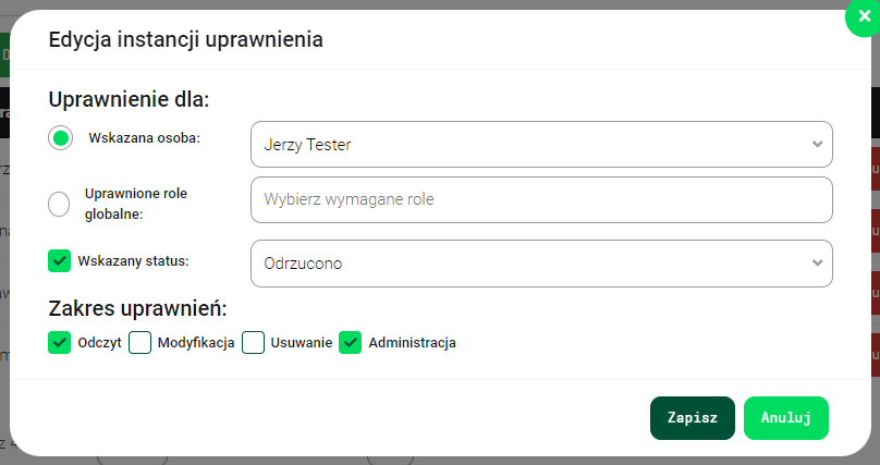 Edycja uprawnień dla dokumentu