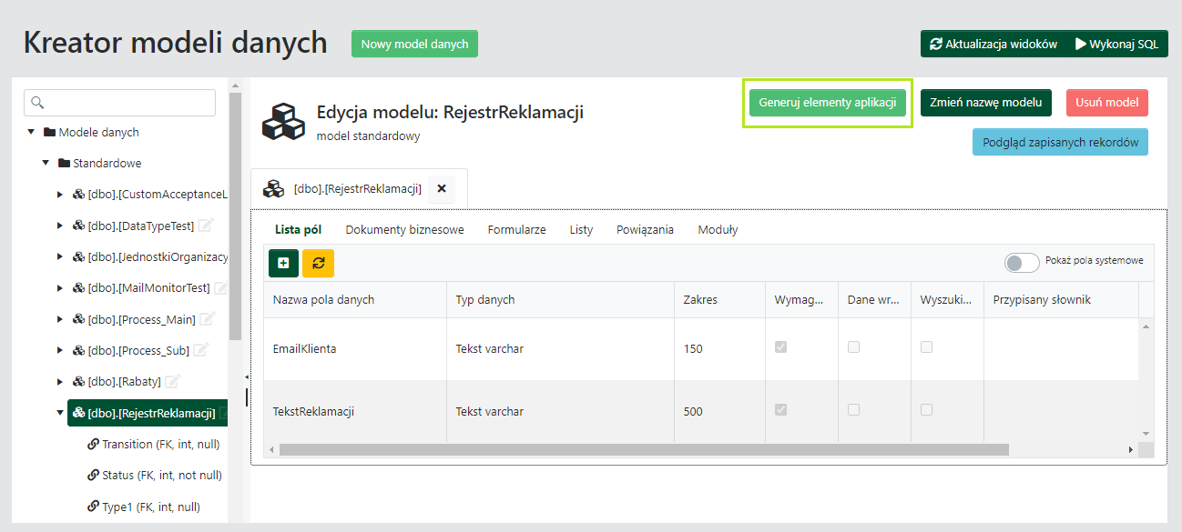 Przycisk Generuj elementy aplikacji