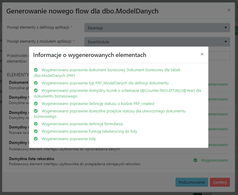 Informacje o wygenerowanych elementach