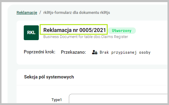Numer dokumentu w nagłówku formularza