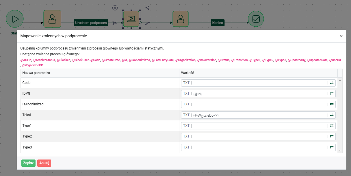 Mapowanie pola podprocesu na pole procesu głównego